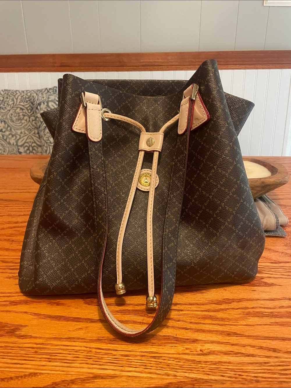 La Tour Eiffel Drawstring Shoulder Bag with Cream Trim